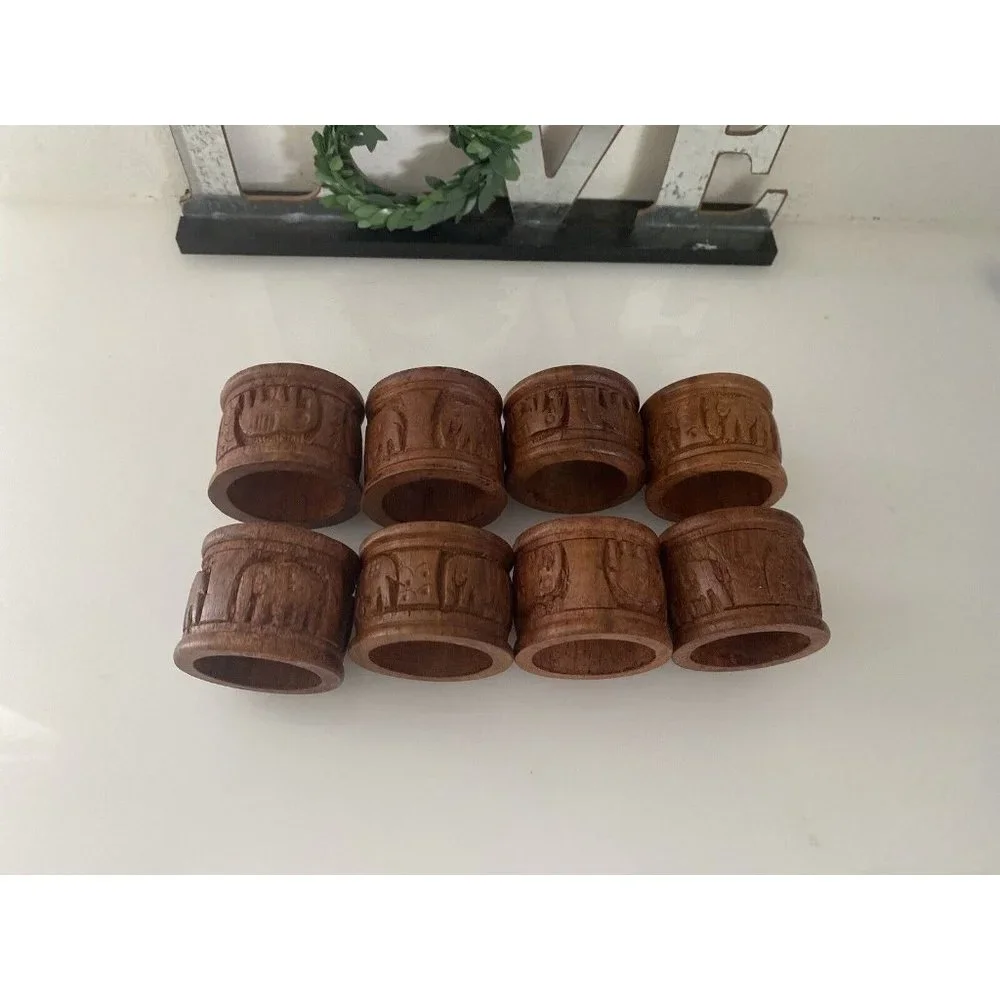 Vintage Elephant Retro Boho Hand Carved Wood Napkin Rings Holders India Set Of 8